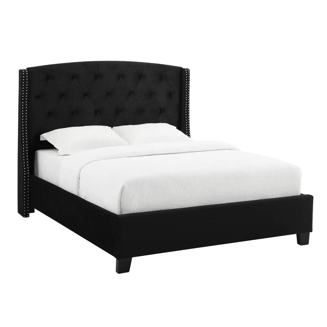 1-Piece Contemporary Upholstered Fabric Bed with Button Tufting, Nailhead Trim, and Demi-Wings in Black Finish, Wooden Bedroom Furniture