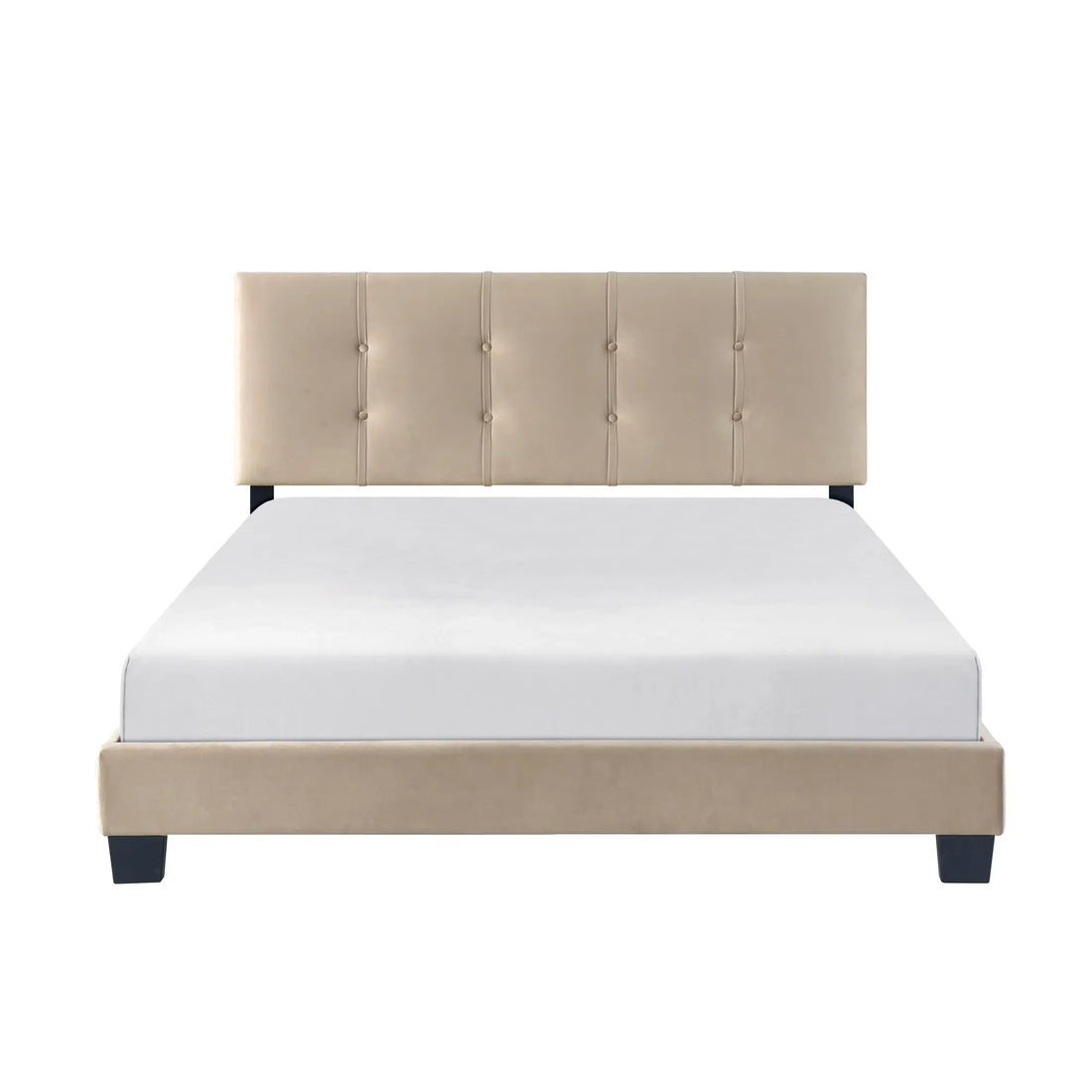 1pc Queen Platform Bed with Light Brown Velvet Upholstery, Adjustable Height Button-Tufted Headboard, Solid Wood Frame, Bedroom Furniture