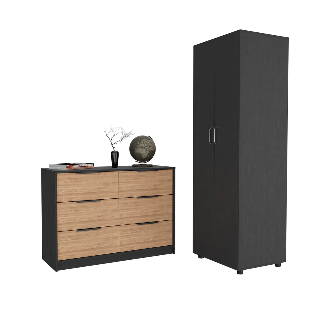 2-Piece Bedroom Set: London Armoire & Egeo 4-Drawer Dresser in Black/Pine