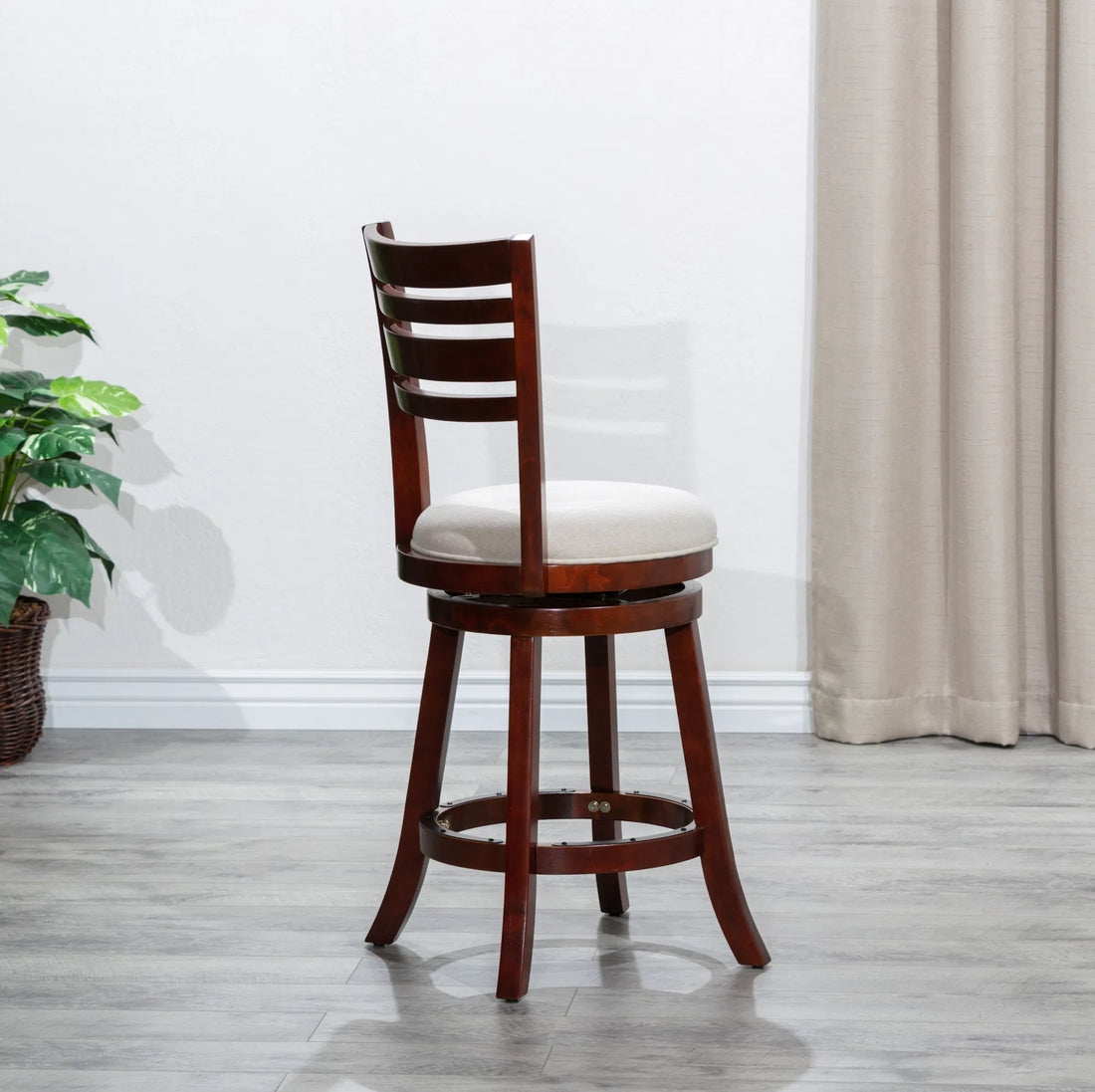 24" Counter Height Slat Back Swivel Stool with Cherry Finish and Beige Fabric Seat