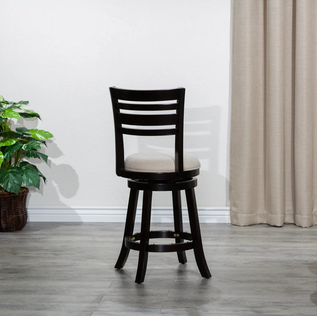 24" Counter Height Slat Back Swivel Stool with Espresso Finish and Beige Fabric Seat