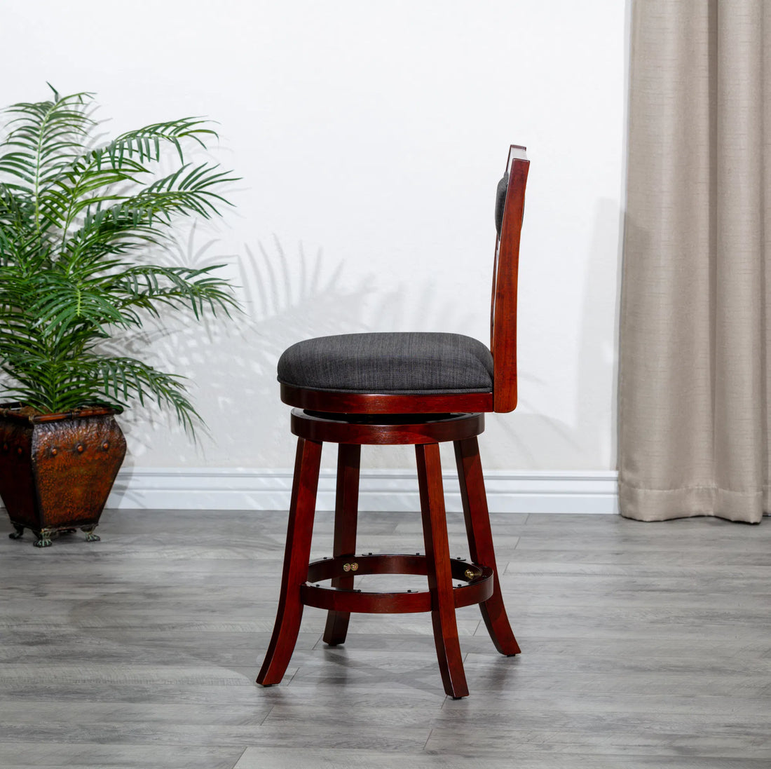 24" Counter Height Swivel Stool with X-Back Design, Cherry Finish, Charcoal Fabric Seat