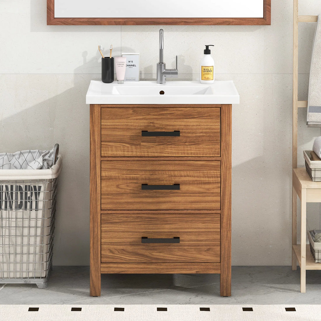 24" Modern Bathroom Vanity with Ceramic Basin Sink, Freestanding Storage Cabinet with 3 Drawers, Single Sink