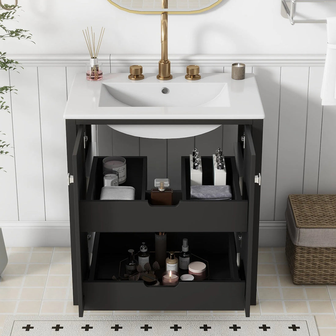 30-Inch Freestanding Bathroom Vanity Combo with Ceramic Sink - Shaker Style with 2 Doors and 2 Drawers