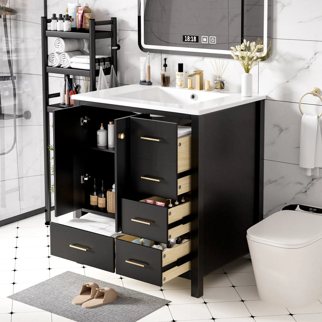 30'' Bathroom Vanity with Resin Sink Combo, Freestanding Black Storage Cabinet, Solid Wood Frame with 4 Drawers & Soft-Close Doors