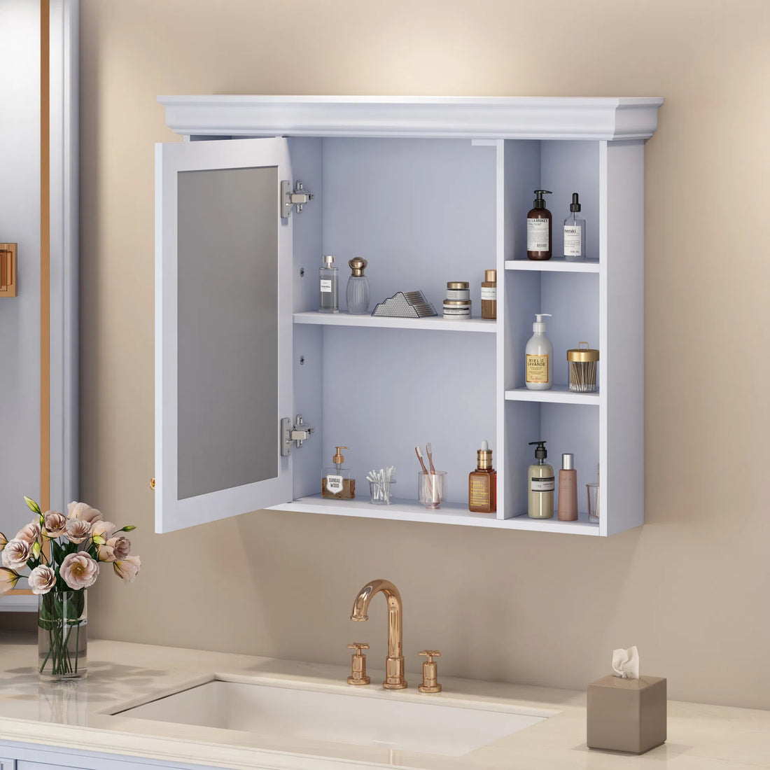 35'' x 28'' Wall-Mounted Bathroom Cabinet with Mirror Door, Modern Medicine Cabinet with 6 Open Shelves