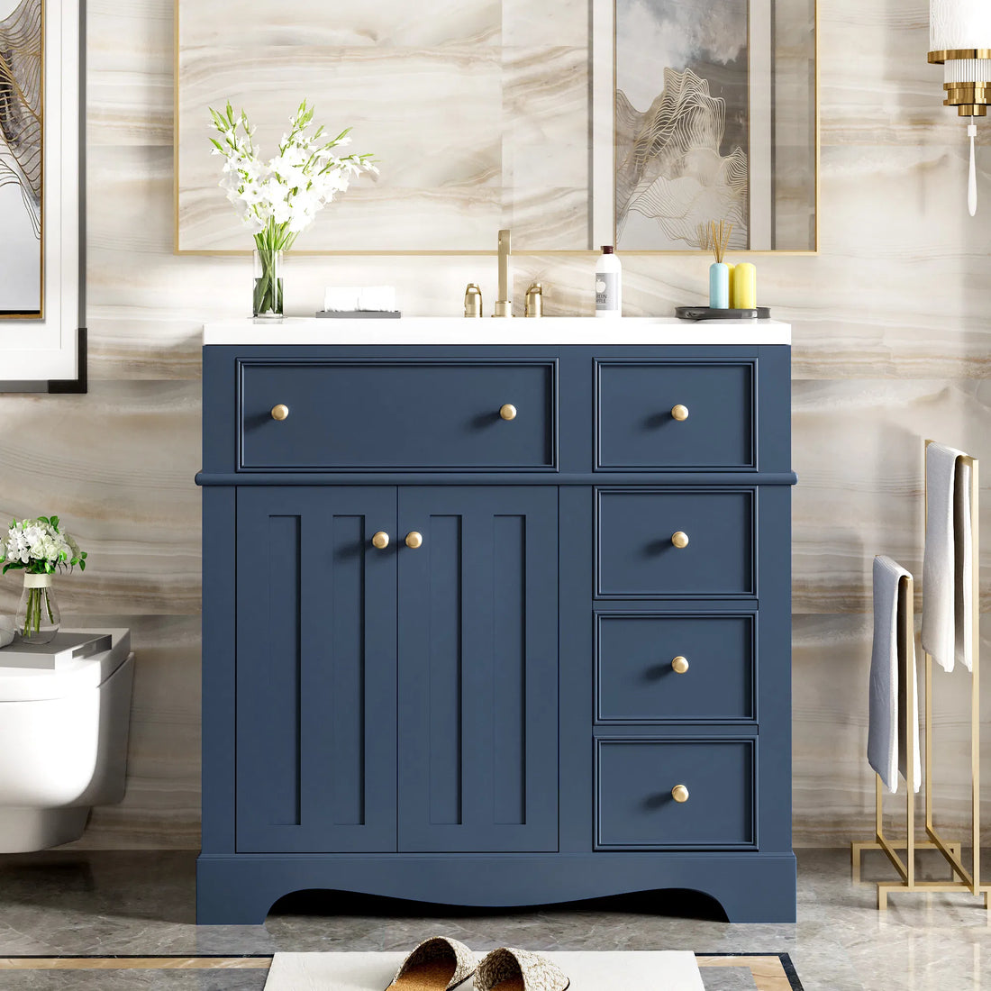 36" Freestanding Bathroom Vanity with Resin Sink, Solid Wood Frame, 3 Drawers & Adjustable Shelf Storage Cabinet