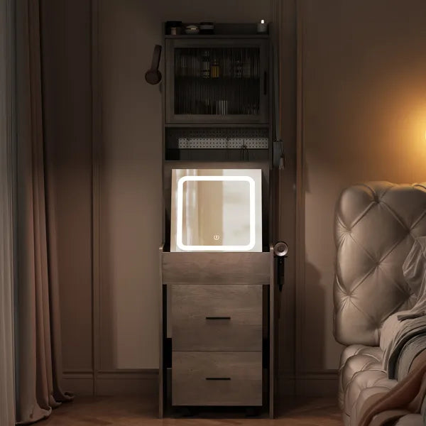 Compact Vanity Desk with LED Mirror, Charging Station & Storage ‚Äì Gray