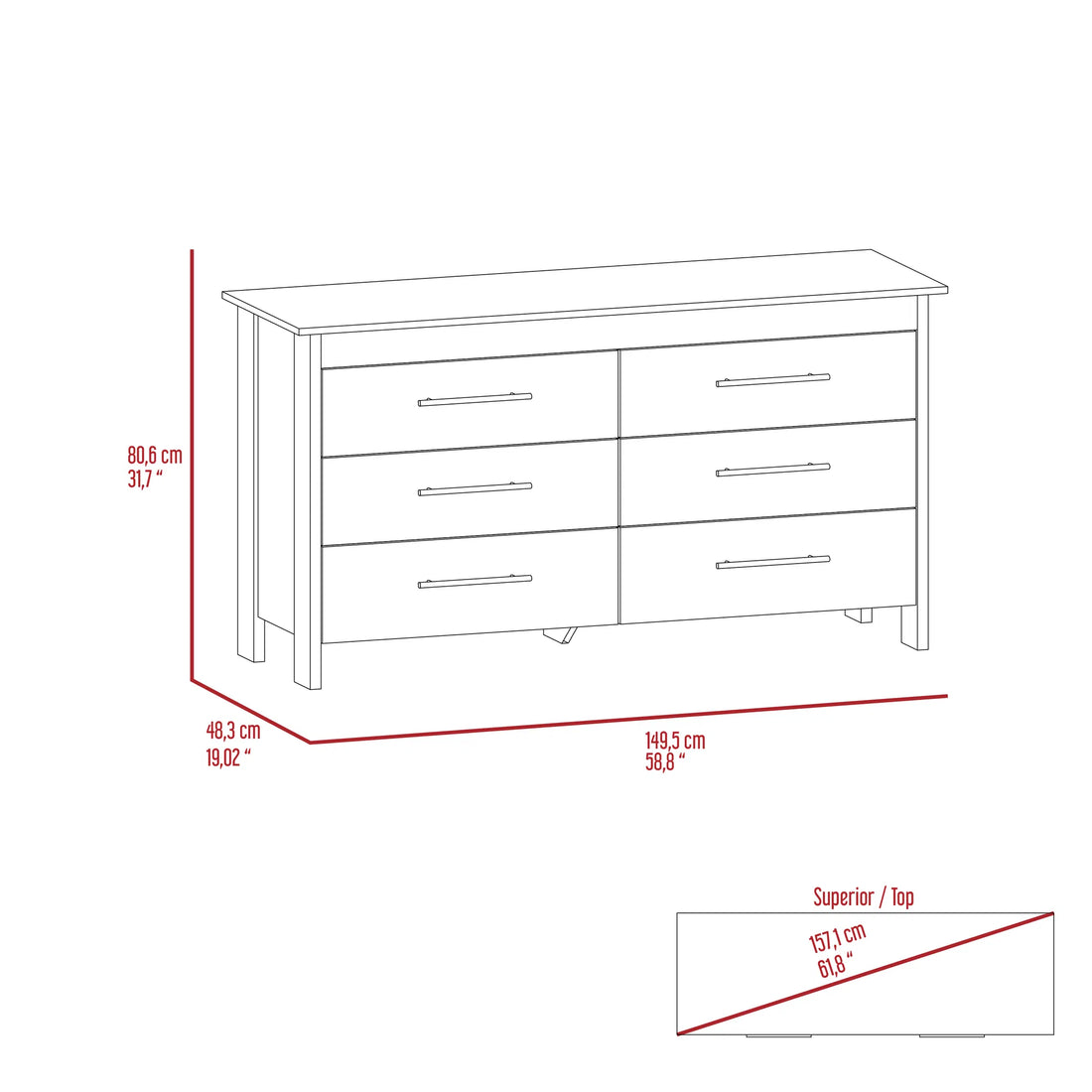 HMS 6-Drawer Double Dresser with Four Legs and Superior Top ‚Äì White