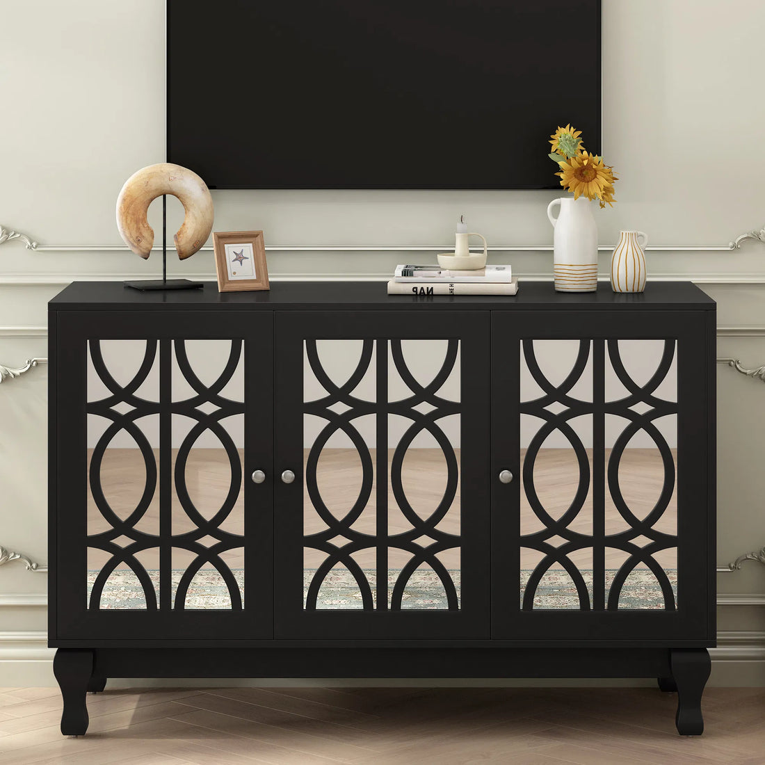 Modern Mirrored TV Stand for TVs up to 55" ‚Äì Solid Wood Legs, Metal Handles, & 3 Adjustable Shelves