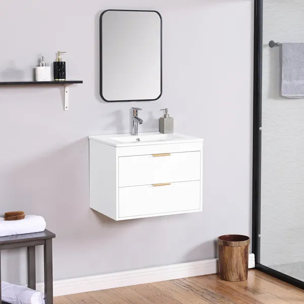 24" Wall-Mounted Floating Bathroom Vanity with White Ceramic Sink & Drawer Storage
