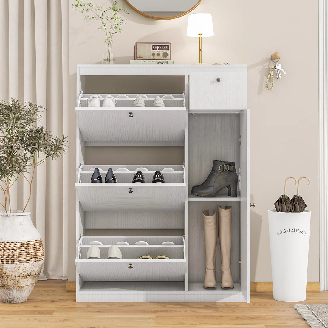 White Freestanding Shoe Cabinet ‚Äì Slim Entryway Shoe Storage with 3 Flip Drawers & Adjustable Shelves, Modern Narrow Shoe Rack Organizer