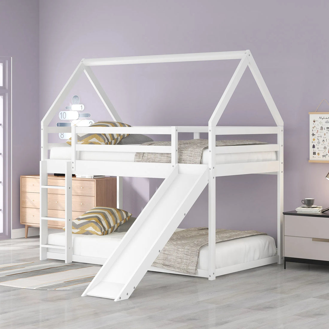 White Twin-Size Bunk Bed with Slide and Ladder