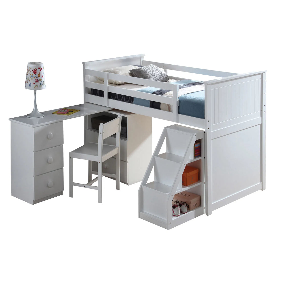 White Twin Loft Bed with Integrated Desk and Storage Chest