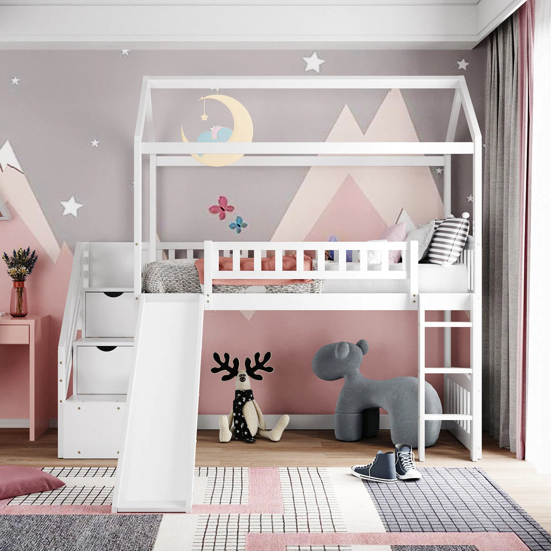 White Twin Loft House Bed with Slide and Two Drawers