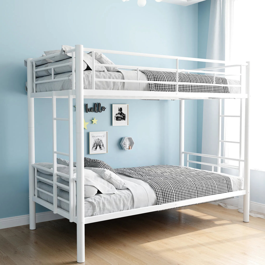 White Twin Over Twin Metal Bunk Bed with Ladder, High Guardrail, Split Function, Storage Space, and Noise-Free Design
