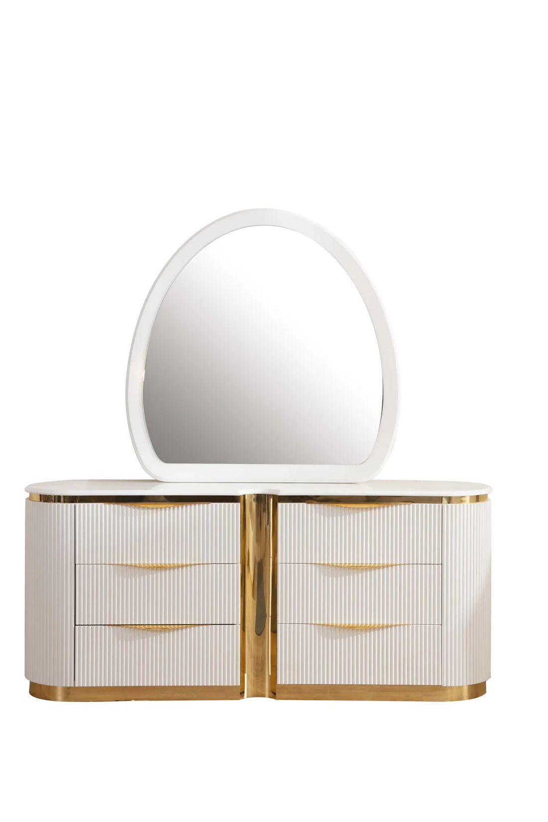 White Wooden 6-Drawer Dresser with Gold Details